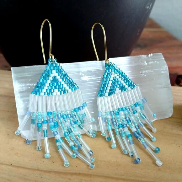 Boho Chic Beaded Cascade Fringe Dangle Earrings, Seed Bead Jewelry 3" - Picture 6 of 9